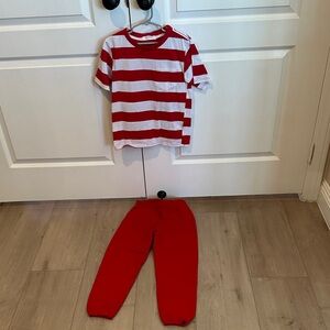 Kids Size 5-6 Red and White Striped T-Shirt with Red fleece jogger Pants